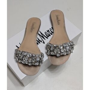 Neiman Marcus Star Crystal Embellished Suede Flat Sandals Nude Women's Size 5.5